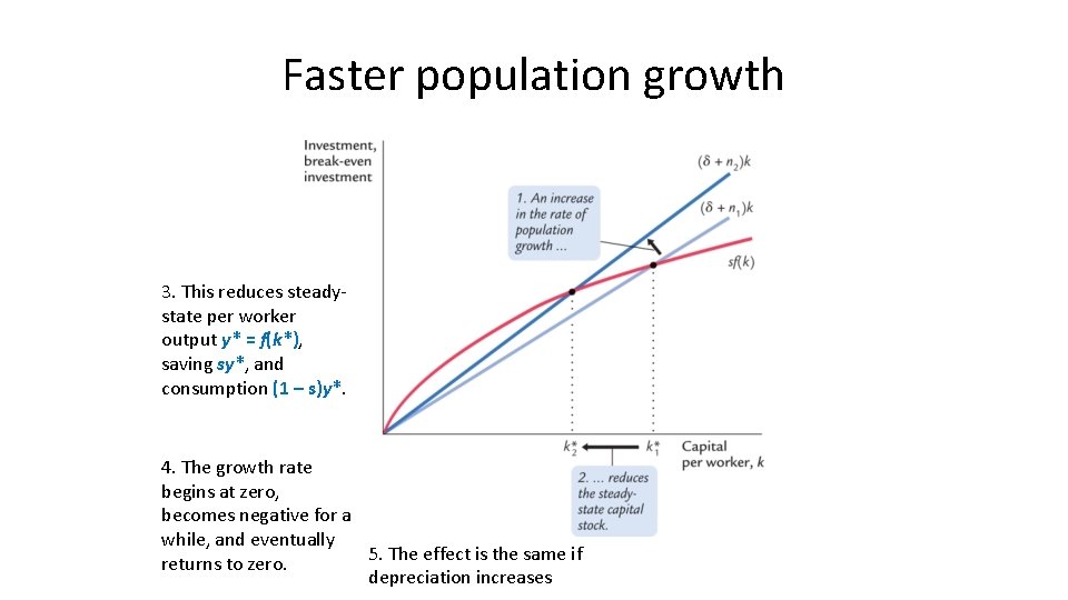 Faster population growth 3. This reduces steadystate per worker output y* = f(k*), saving Faster population growth 3. This reduces steadystate per worker output y* = f(k*), saving