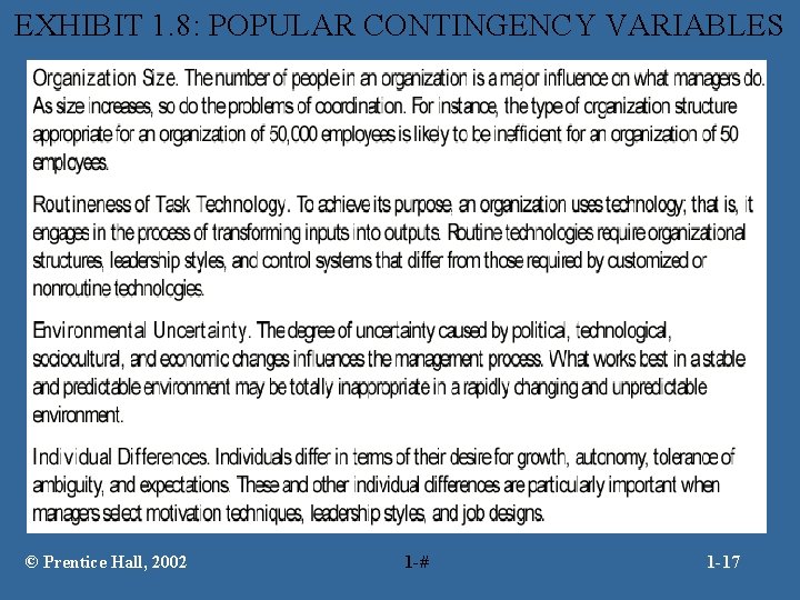 EXHIBIT 1. 8: POPULAR CONTINGENCY VARIABLES © Prentice Hall, 2002 1 -# 1 -17