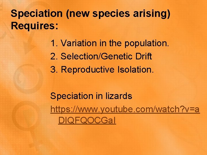 Speciation (new species arising) Requires: 1. Variation in the population. 2. Selection/Genetic Drift 3.