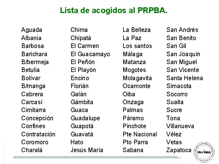 Lista de acogidos al PRPBA. Aguada Chima Albania Chipatá Barbosa El Carmen Barichara El Lista de acogidos al PRPBA. Aguada Chima Albania Chipatá Barbosa El Carmen Barichara El