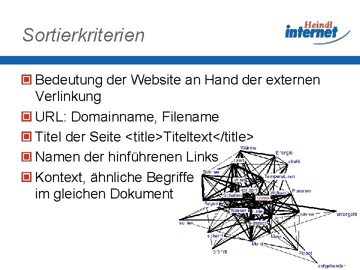 Sortierkriterien Bedeutung der Website an Hand der externen Verlinkung URL: Domainname, Filename Titel der