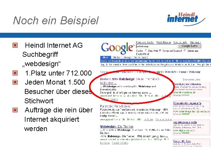 Noch ein Beispiel Heindl Internet AG Suchbegriff „webdesign“ 1. Platz unter 712. 000 Jeden