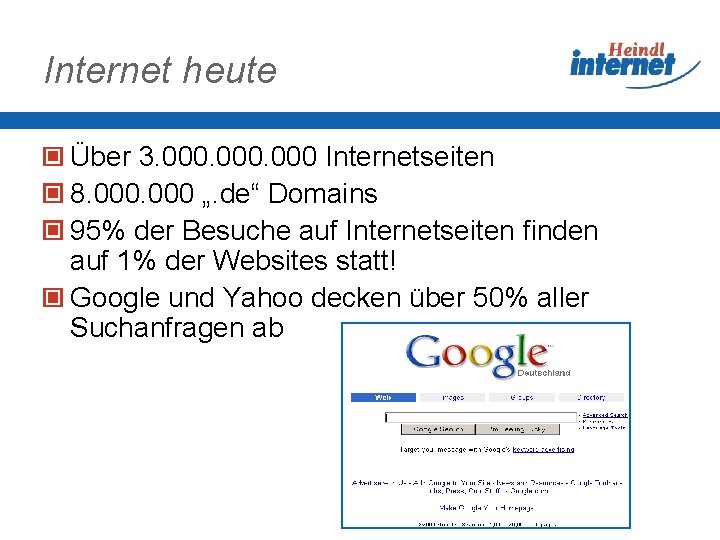 Internet heute Über 3. 000 Internetseiten 8. 000 „. de“ Domains 95% der Besuche