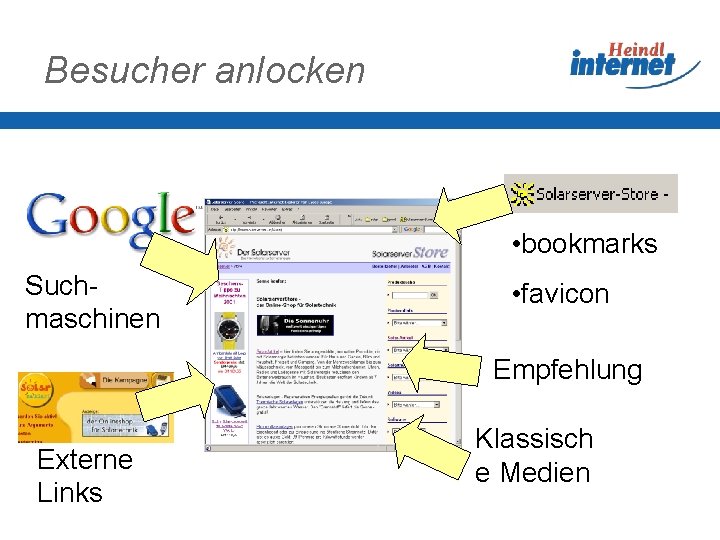 Besucher anlocken • bookmarks Suchmaschinen • favicon Empfehlung Externe Links Klassisch e Medien 