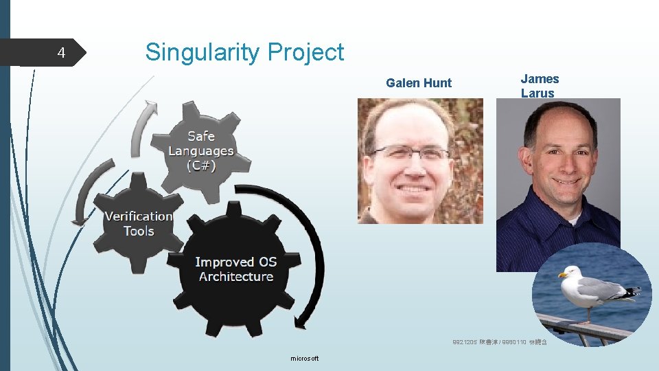 4 Singularity Project Galen Hunt James Larus 9921205 陳善淳 / 9980110 林曉含 microsoft 