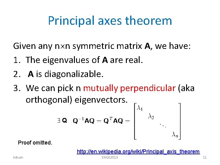 Principal axes theorem Given any n n symmetric matrix A, we have: 1. The Principal axes theorem Given any n n symmetric matrix A, we have: 1. The