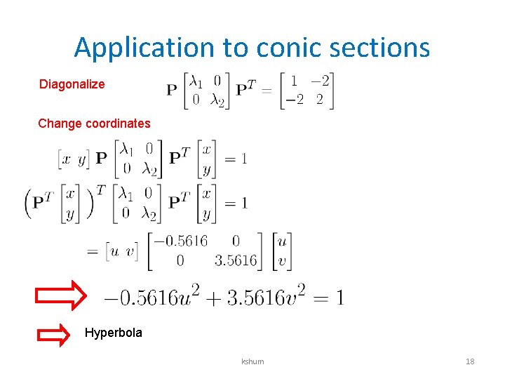 Application to conic sections Diagonalize Change coordinates Hyperbola kshum 18 Application to conic sections Diagonalize Change coordinates Hyperbola kshum 18
