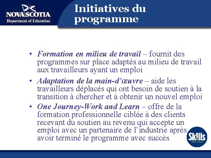 Initiatives du programme • Formation en milieu de travail – fournit des programmes sur