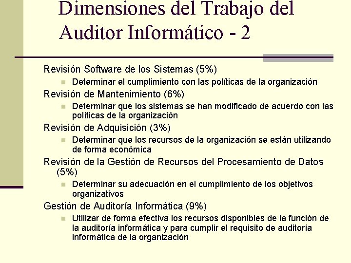 Dimensiones del Trabajo del Auditor Informático - 2 Revisión Software de los Sistemas (5%)