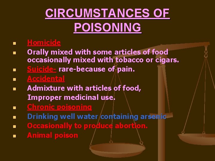 CIRCUMSTANCES OF POISONING n n n n n Homicide Orally mixed with some articles