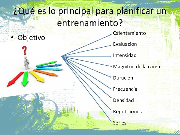 ¿Qué es lo principal para planificar un entrenamiento? • Objetivo Calentamiento Evaluación Intensidad Magnitud