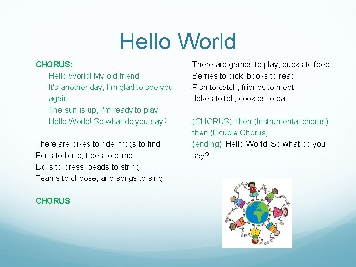 Hello World CHORUS: Hello World! My old friend It's another day, I'm glad to