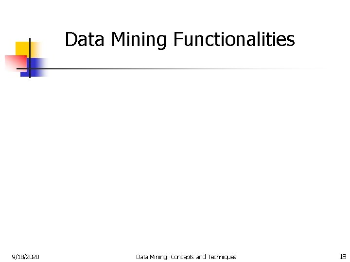 Data Mining Functionalities 9/18/2020 Data Mining: Concepts and Techniques 18 