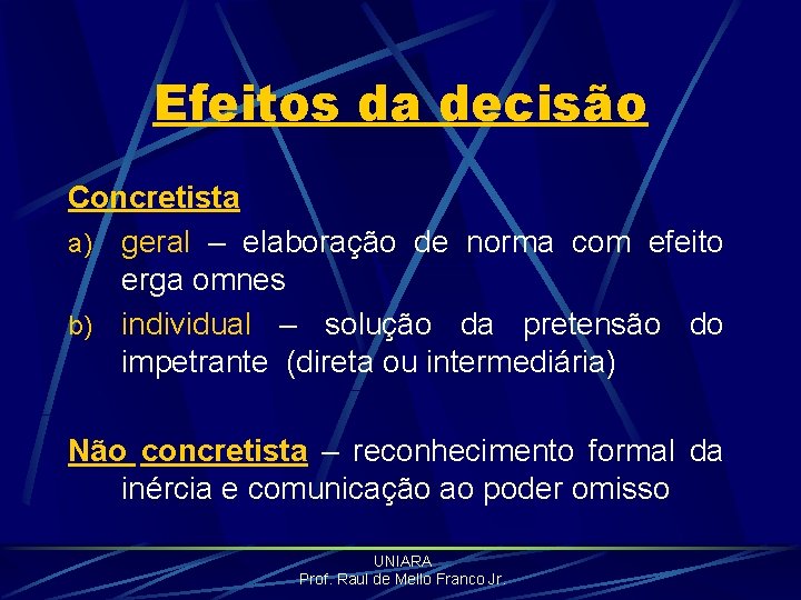 Efeitos da decisão Concretista a) geral – elaboração de norma com efeito erga omnes