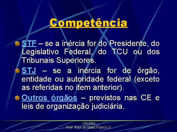 Competência STF – se a inércia for do Presidente, do Legislativo Federal, do TCU