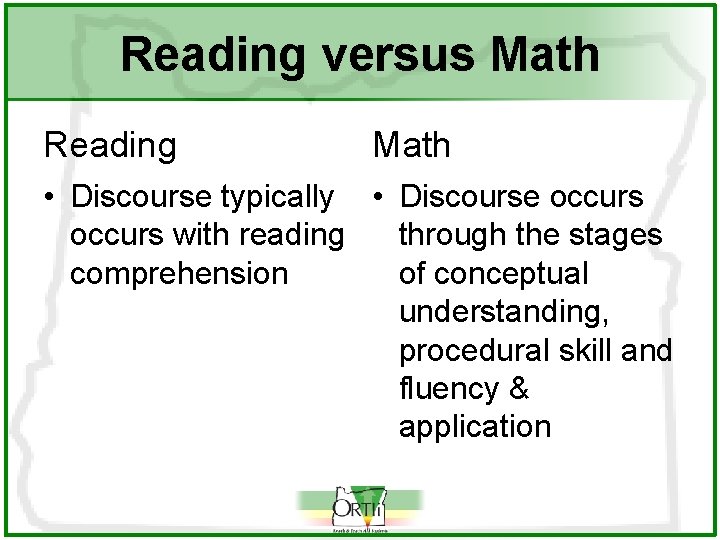 Reading versus Math Reading Math • Discourse typically • Discourse occurs with reading through