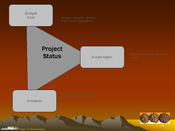 Budget Cost • Actual vs. Baseline Variance • Cost overrun explanations Project Status Schedule