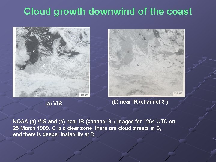 Cloud growth downwind of the coast (a) VIS (b) near IR (channel 3 )