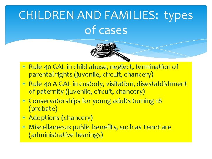 CHILDREN AND FAMILIES: types of cases Rule 40 GAL in child abuse, neglect, termination