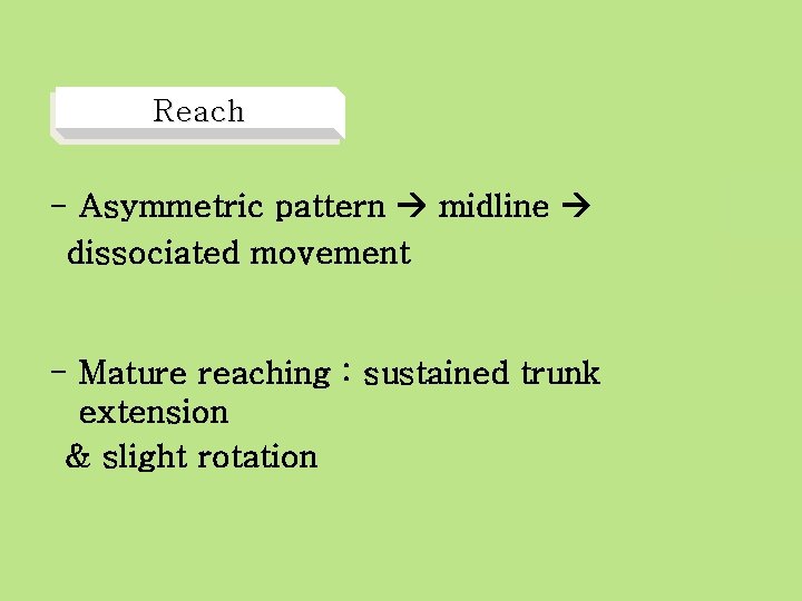 R ea c h - Asymmetric pattern midline dissociated movement - Mature reaching :