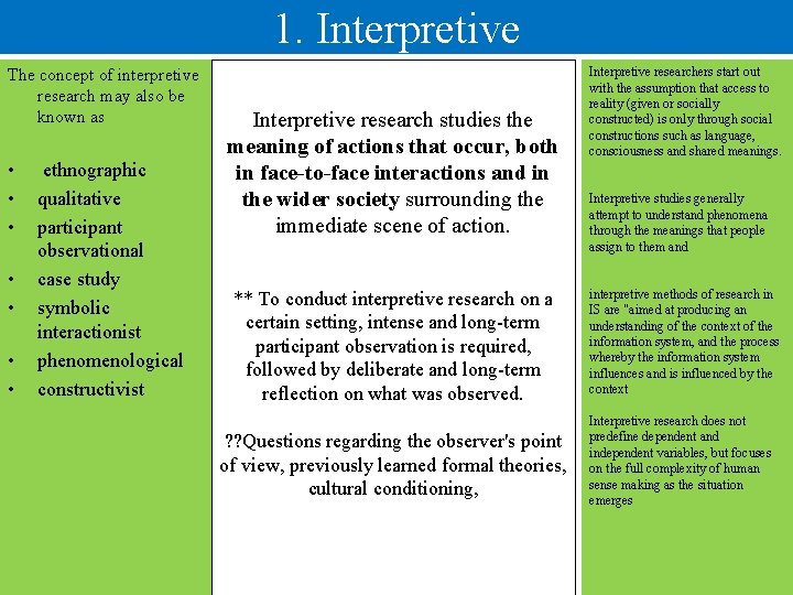 1. Interpretive The concept of interpretive research may also be known as • •