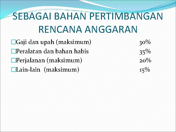 SEBAGAI BAHAN PERTIMBANGAN RENCANA ANGGARAN �Gaji dan upah (maksimum) �Peralatan dan bahan habis �Perjalanan SEBAGAI BAHAN PERTIMBANGAN RENCANA ANGGARAN �Gaji dan upah (maksimum) �Peralatan dan bahan habis �Perjalanan