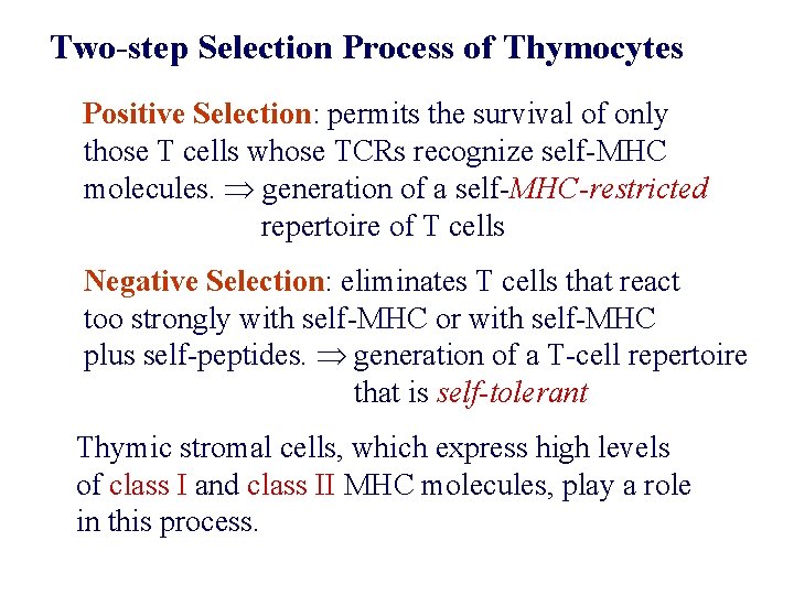 Two-step Selection Process of Thymocytes Positive Selection: permits the survival of only those T