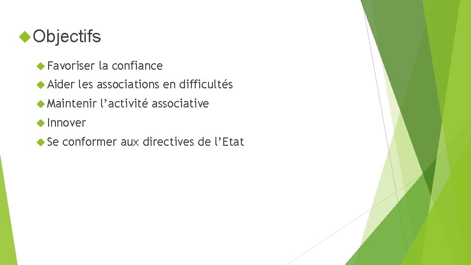  Objectifs Favoriser Aider la confiance les associations en difficultés Maintenir l’activité associative Innover