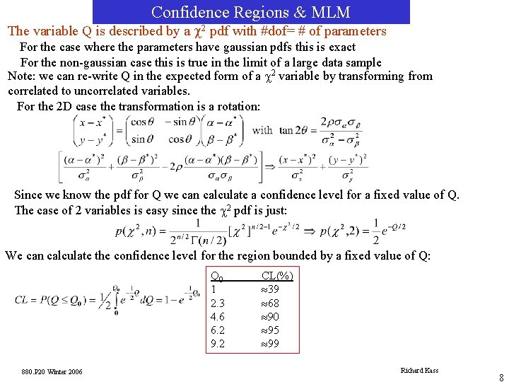 Confidence Regions & MLM The variable Q is described by a c 2 pdf Confidence Regions & MLM The variable Q is described by a c 2 pdf
