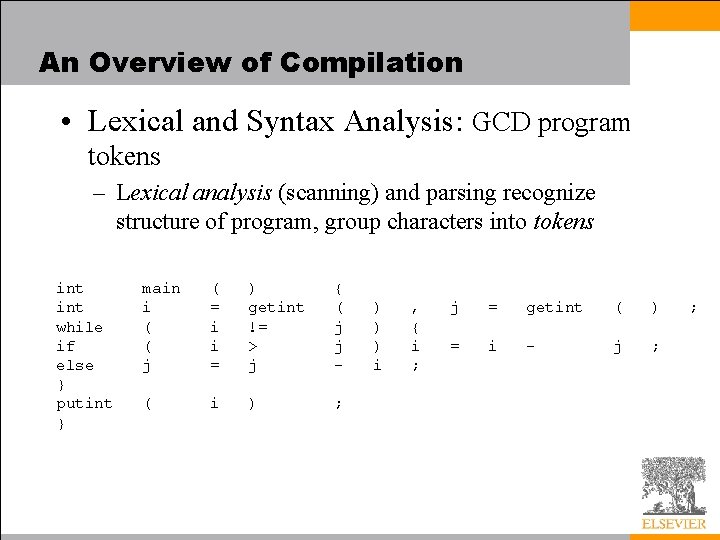 An Overview of Compilation • Lexical and Syntax Analysis: GCD program tokens – Lexical