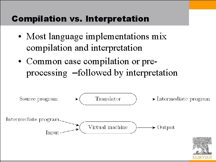 Compilation vs. Interpretation • Most language implementations mix compilation and interpretation • Common case