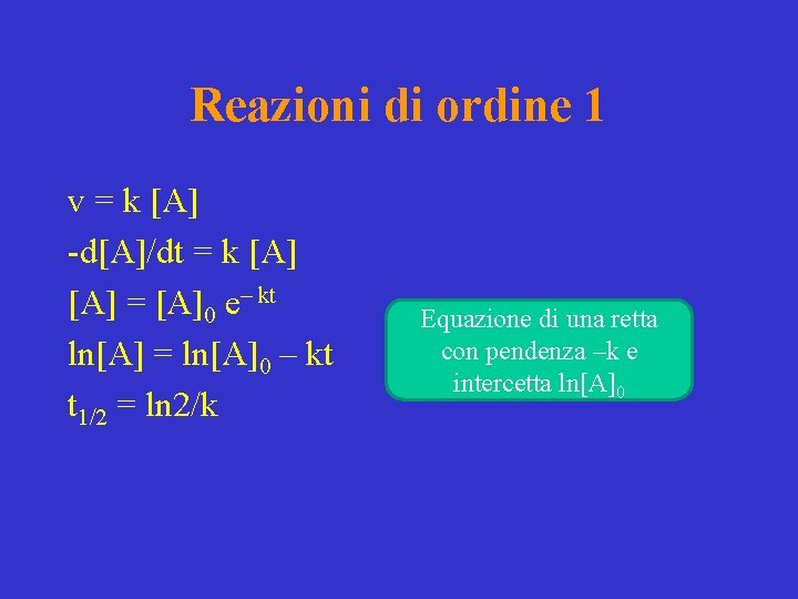Reazioni di ordine 1 v = k [A] -d[A]/dt = k [A] = [A]0