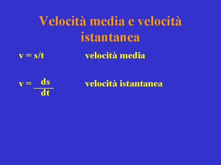 Velocità media e velocità istantanea v = s/t velocità media ds v = ____