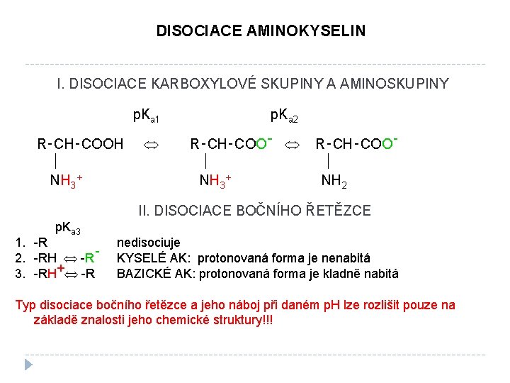 DISOCIACE AMINOKYSELIN I. DISOCIACE KARBOXYLOVÉ SKUPINY A AMINOSKUPINY R‑CH‑COOH NH 3+ p. Ka 1