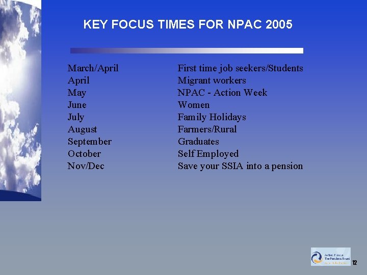 KEY FOCUS TIMES FOR NPAC 2005 March/April May June July August September October Nov/Dec