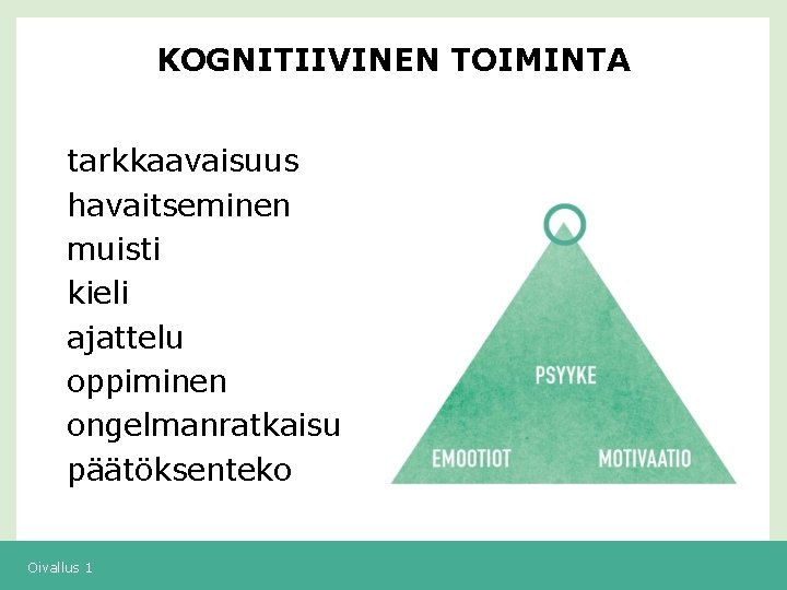 KOGNITIIVINEN TOIMINTA tarkkaavaisuus havaitseminen muisti kieli ajattelu oppiminen ongelmanratkaisu päätöksenteko Oivallus 1 