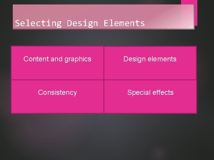 Selecting Design Elements Content and graphics Design elements Consistency Special effects 