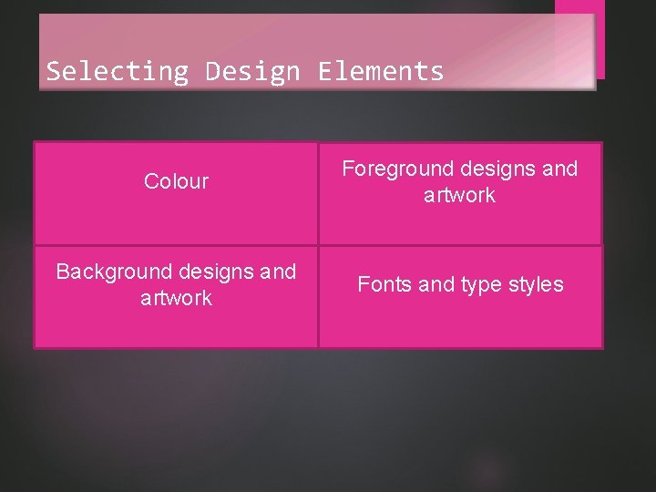 Selecting Design Elements Colour Foreground designs and artwork Background designs and artwork Fonts and