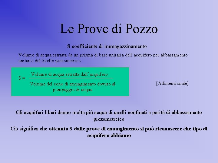 Le Prove di Pozzo S coefficiente di immagazzinamento Volume di acqua estratta da un