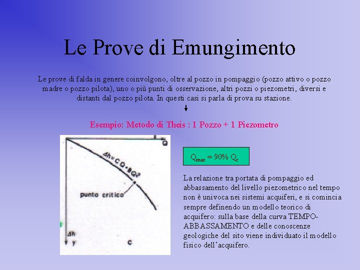 Le Prove di Emungimento Le prove di falda in genere coinvolgono, oltre al pozzo