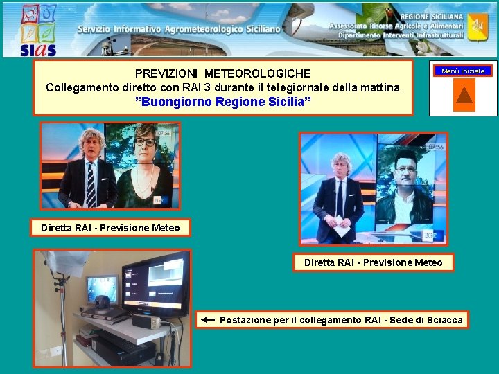 PREVIZIONI METEOROLOGICHE Collegamento diretto con RAI 3 durante il telegiornale della mattina Menù iniziale