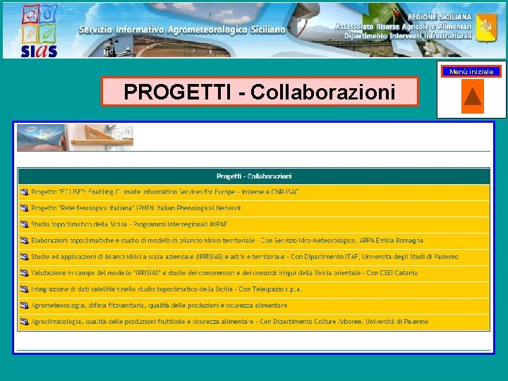 Menù iniziale PROGETTI - Collaborazioni 