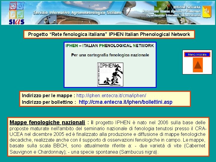 Progetto “Rete fenologica italiana” IPHEN Italian Phenological Network Menù iniziale Indirizzo per le mappe
