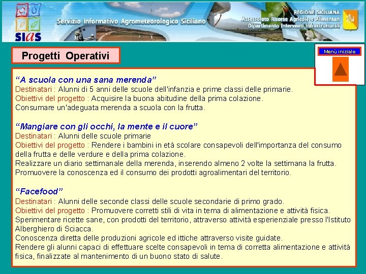 Progetti Operativi Menù iniziale “A scuola con una sana merenda” Destinatari : Alunni di