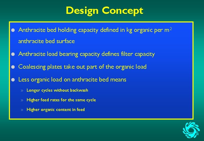 Design Concept l Anthracite bed holding capacity defined in kg organic per m 2