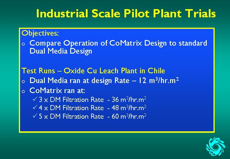 Industrial Scale Pilot Plant Trials Objectives: o Compare Operation of Co. Matrix Design to