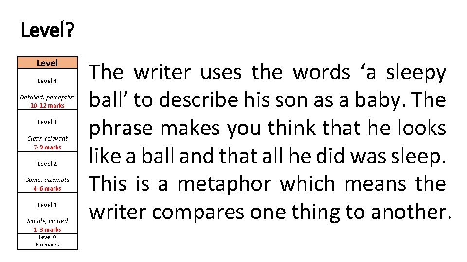 Level? Level 4 Detailed, perceptive 10 -12 marks Level 3 Clear, relevant 7 -9