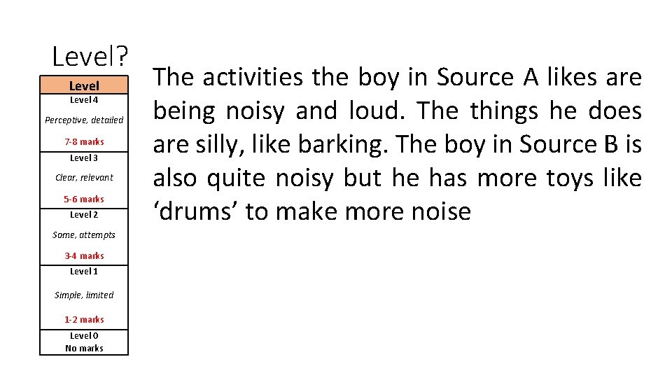 Level? Level 4 Perceptive, detailed 7 -8 marks Level 3 Clear, relevant 5 -6