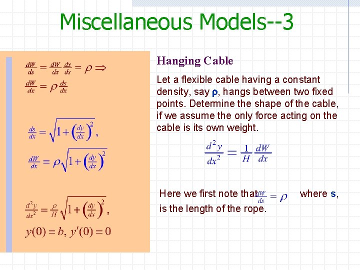 Miscellaneous Models--3 Hanging Cable Let a flexible cable having a constant density, say ,