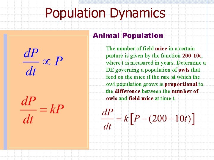 Population Dynamics Animal Population The number of field mice in a certain pasture is